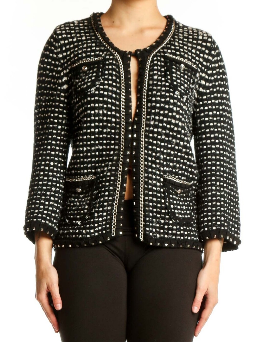 WHITE HOUSE BLACK MARKET Tweed Chain-Trim Cardigan Jacket Black & White | SZ M - Picture 1 of 13